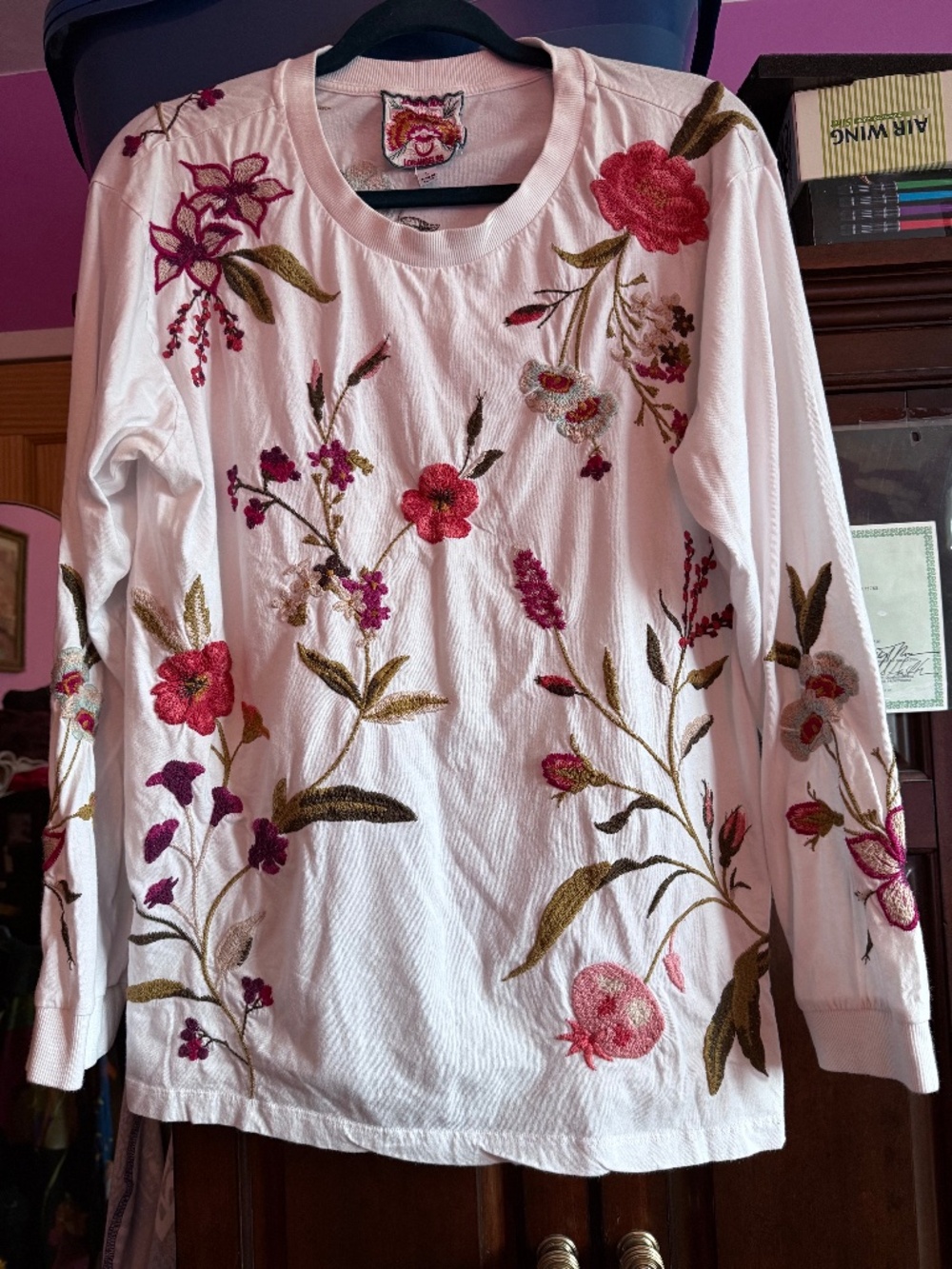 Johnny Was Heavy Embroidered Long Sleeve T-Shirt Large Floral Front Back Sleeves